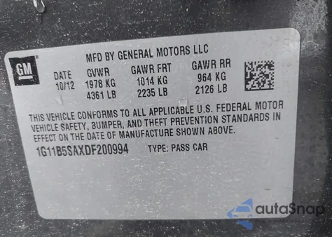 2013 Chevrolet Malibu 1Ls z USA, uszkodzony, nr VIN 1G11B5SAXDF200994